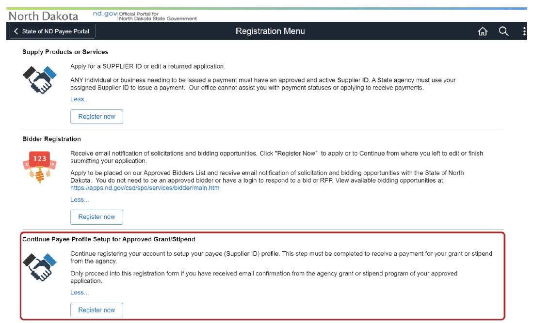 Select Continue Payee Profile Setup for Approved Grant/Stipend - Register Now button
