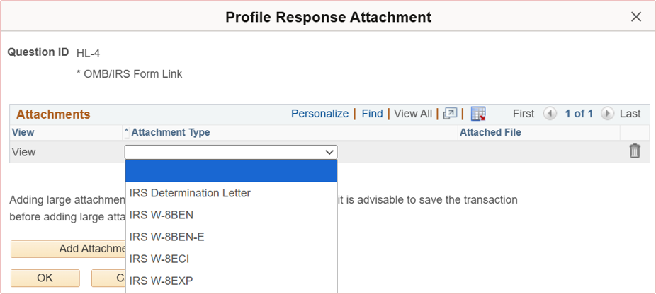 When attaching a file for upload, choose a description for the document being attached from the list available in the Attachment Type field.