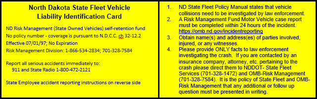 ND State Fleet Vehicle Liability Identification Card