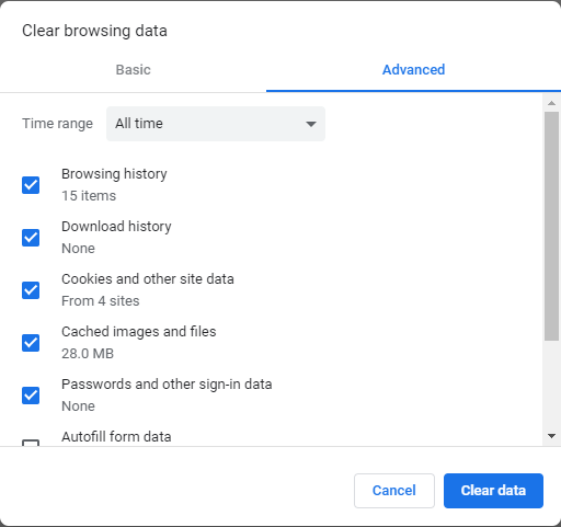 screenshot of Chrome settings for clearing browsing data