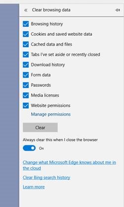 Microsoft Edge settings for clearing browsing data