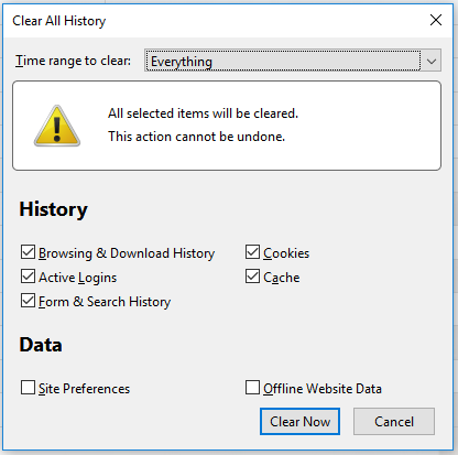Firefox settings for clearing history