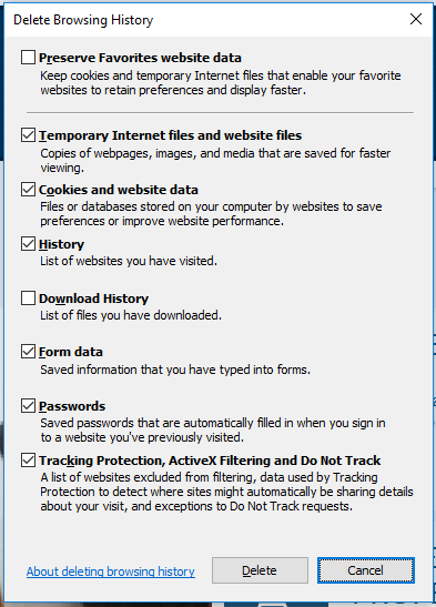 Internet Explorer settings for deleting browsing history