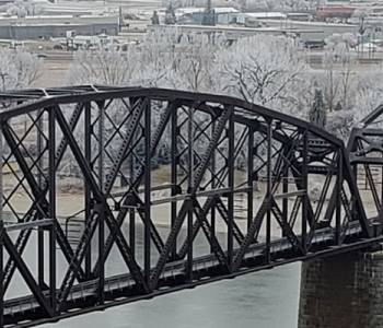 Old Missouri River railway bridge on a frosty day